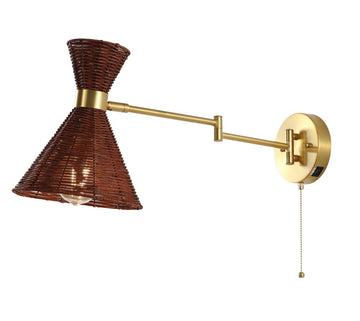 Lily 25" 1-Light Mid-Century Vintage Retro Rattan/Metal USB Charging Swing Arm LED Sconce with Pull Chain - JONATHAN Y